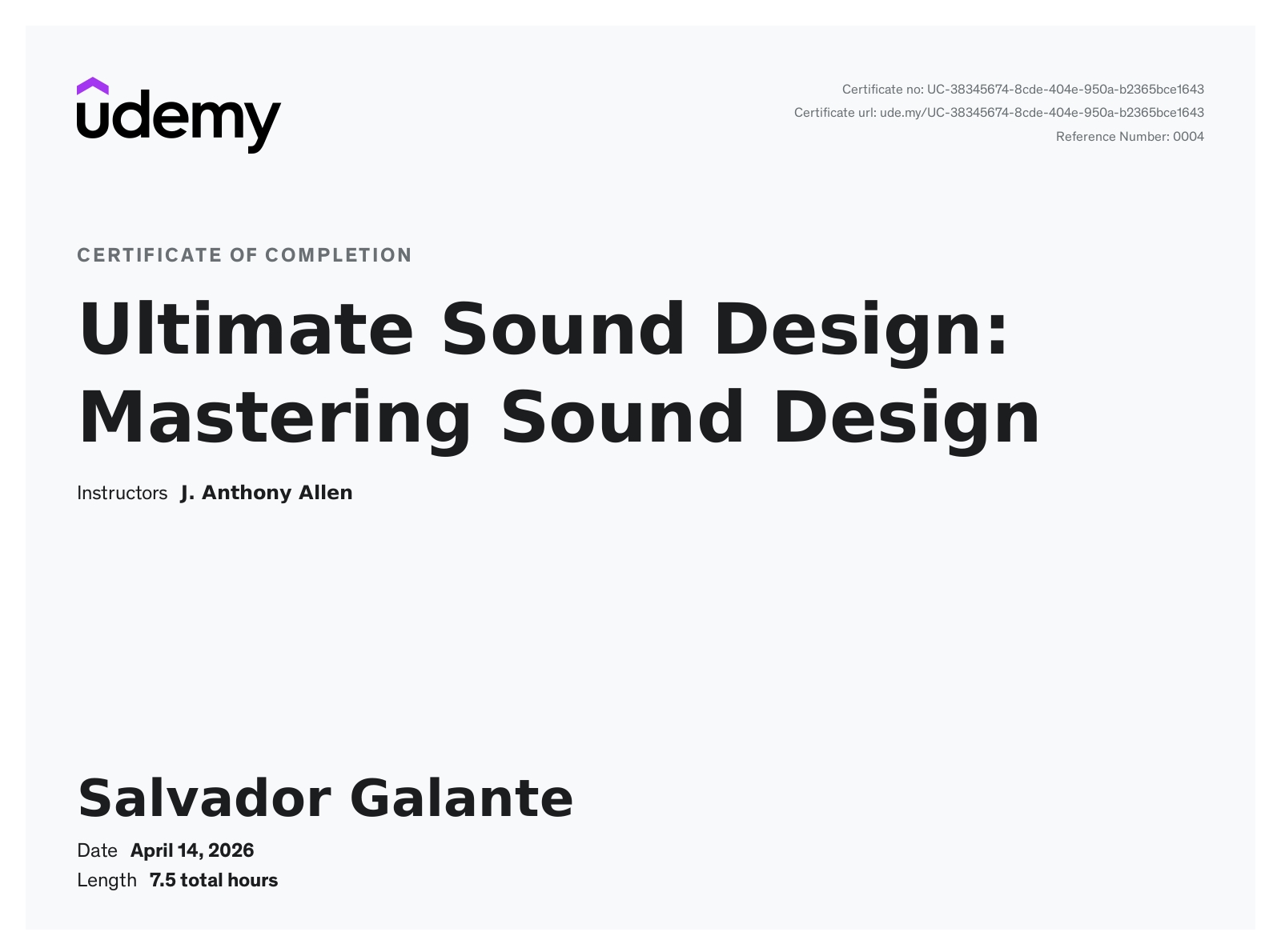 Certificate - Ultimate Sound Design