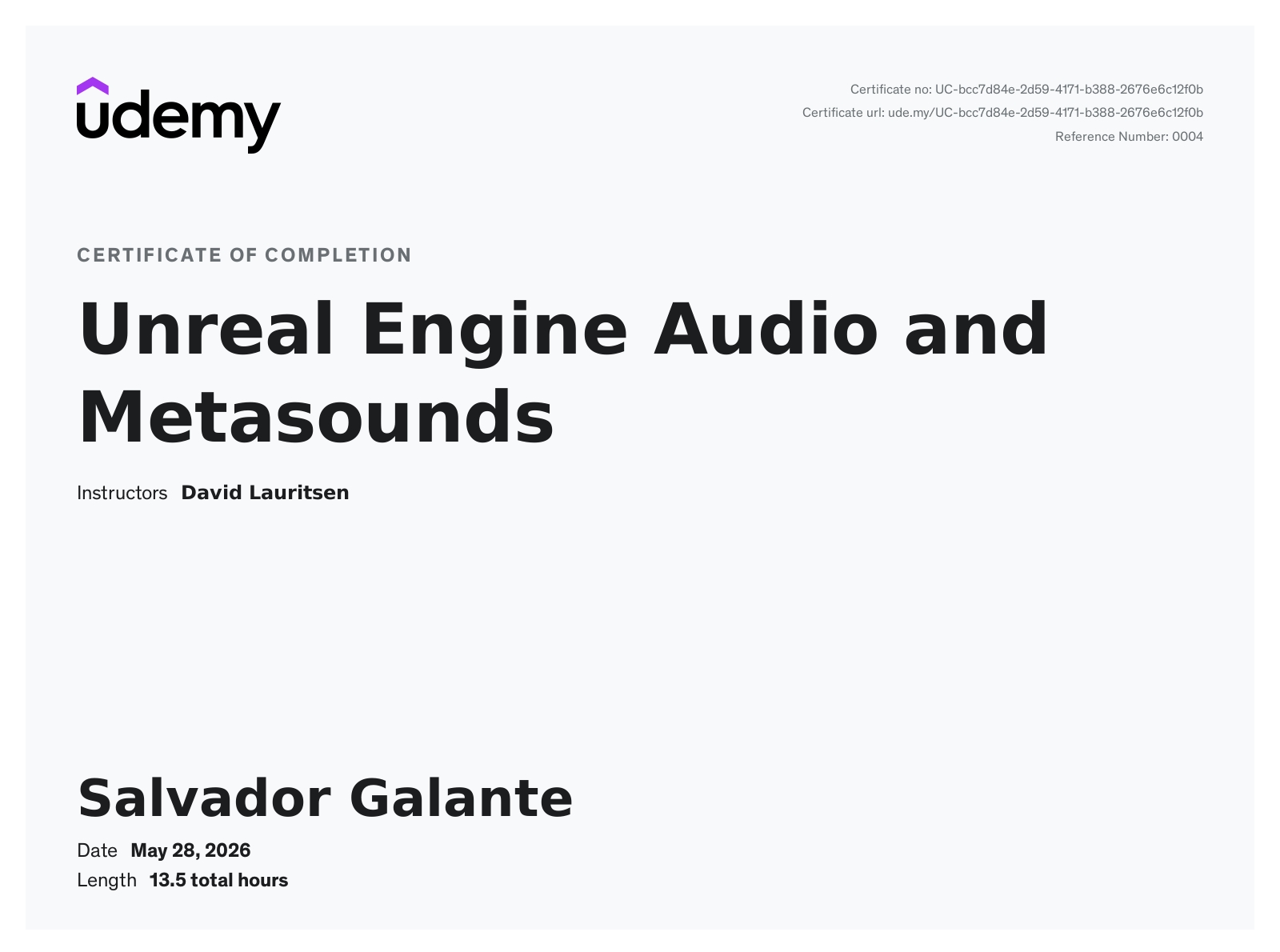 Certificate - Unreal Engine Audio