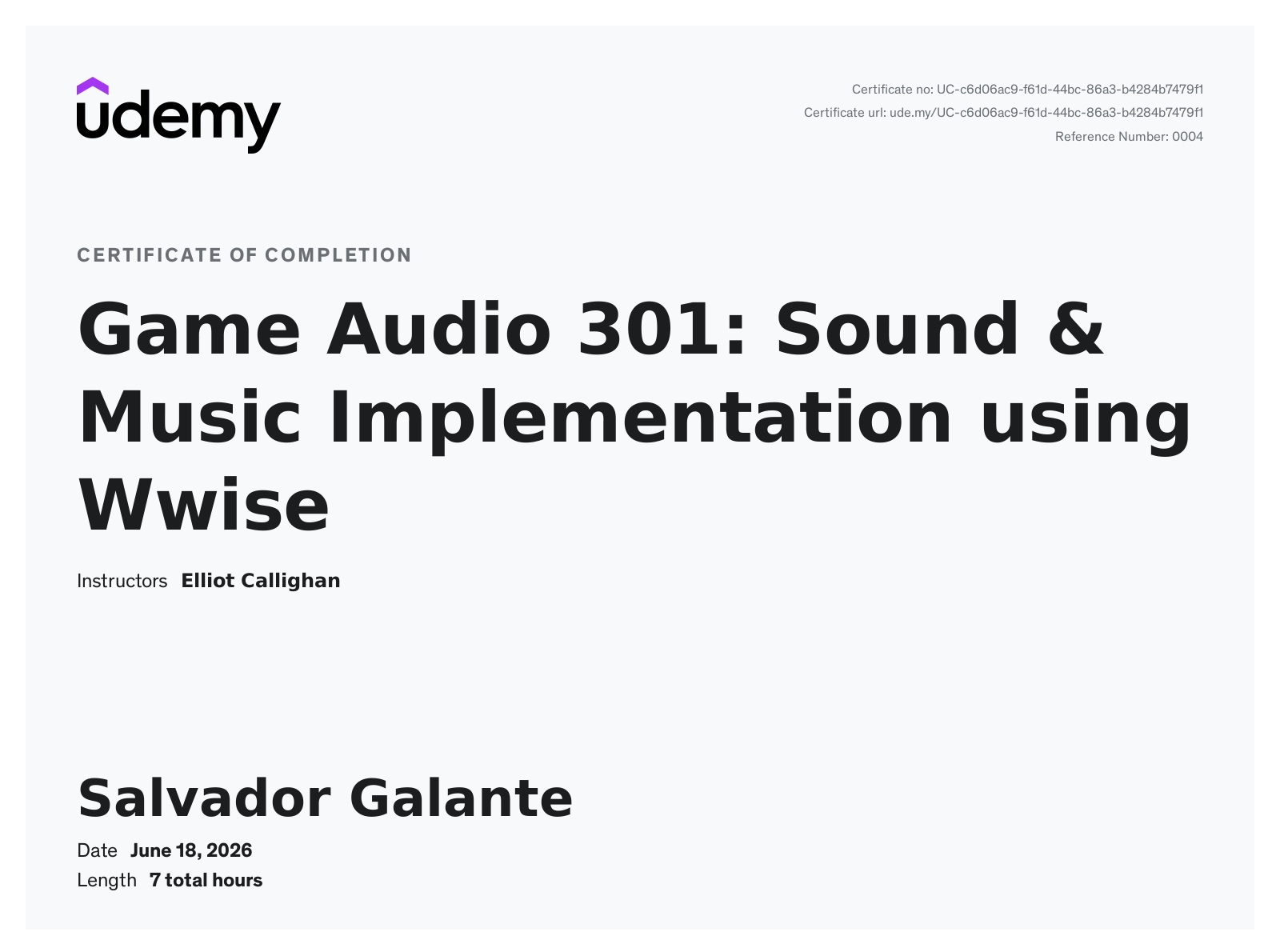 Certificate - Game Audio 301